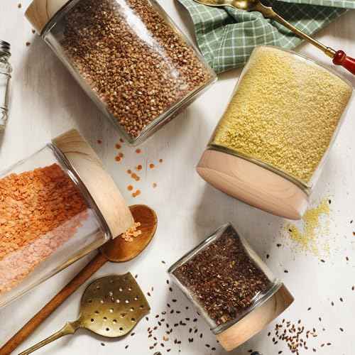 Small Glass Containers with Lids, 8 oz Glass Jars with Plastic Woodgrain Lids & Inner Liners, Reusable Travel Containers for Creams, Makeup, Lotion, Cosmetic - 2 pack