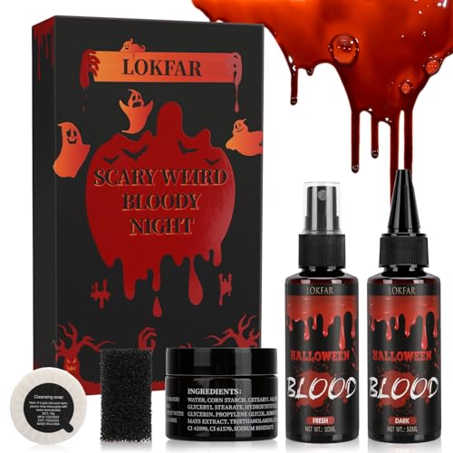 6 IN 1 Fake Blood Kit£¬Fake Blood 1.69oz X2 + Coagulated Blood 1.41oz+Spray Head+Dripping Head+Soap+Sponge¡¼Washable¡½¡¼Realistic Effect¡½¡¼Skin Friendly¡½Professional Fake Blood Makeup Kit£¬Fresh+Dark
