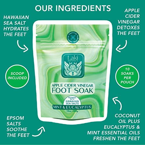 Laki Naturals Apple Cider Vinegar Foot Soak, Foot Detox Soak, Pedicure Soak, Foot Soak Callus Remover, Foot Treatment, Epsom Salt Foot Soak with Hawaiian Sea Salts (10 oz) (Mint & Eucalyptus)