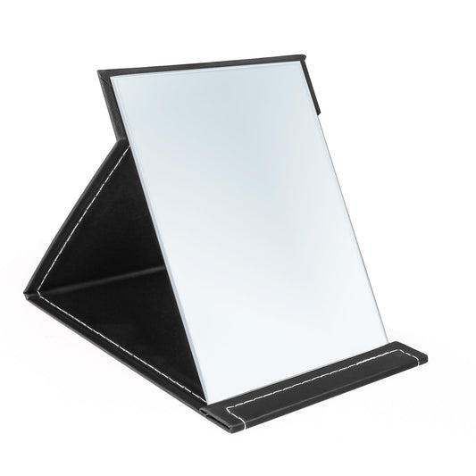 Yatnks 7x10 Inches Makeup Mirror, Portable PU Leather Folding Desktop Vanity Mirror with Adjustable Stand for Vanity Table, Office, Travel (L, Black)