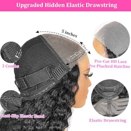 7x5 Deep Wave Lace Front Wigs Human Hair Drawstring Wear and Go Glueless Wigs Human Hair Pre Plucked Pre Cut 200 Density Curly Lace Front Wig for Women Beginner Friendly Glueless Deep Wave Wig 18 Inch