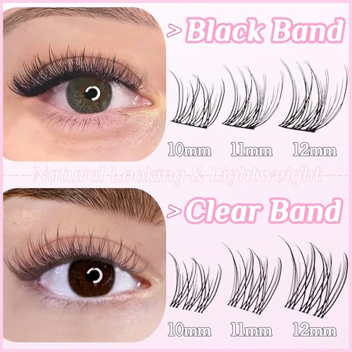 Natural Lash Clusters Wispy Clear & Black Band Cluster Eyelash Extensions 10-12MM Short Natural Look C Curl Thin Band False Eyelashes