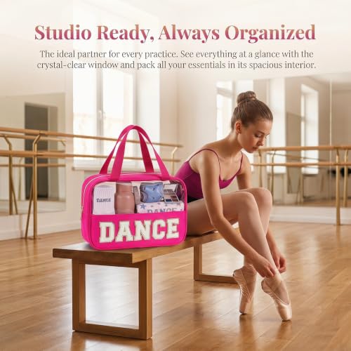 Hot Pink-White Dance Makeup Bag with Chenille Letter & Handle - Girls & Women Gift