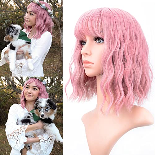 VCKOVCKO Pastel Wavy Wig With Air Bangs Women's Short Bob Purple Pink Wigs Curly Wavy Shoulder Length Pastel Bob Wigs Synthetic Wig for White Women Girls Daily Use Colorful Wigs(12", Purple Pink)