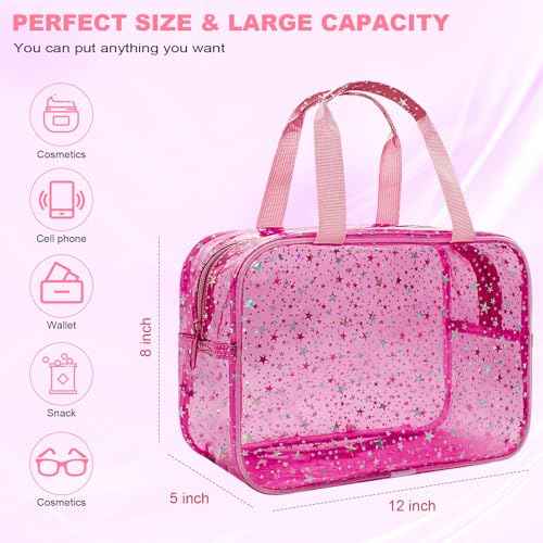 Clear Red Star Large Makeup Bag with Star Pattern 12x5x8 inch, Travel Cosmetic Bag with Handle, Durable PVC Material Washbag Zipper Opening Design for Makeup Travel Organizer or Gym Use