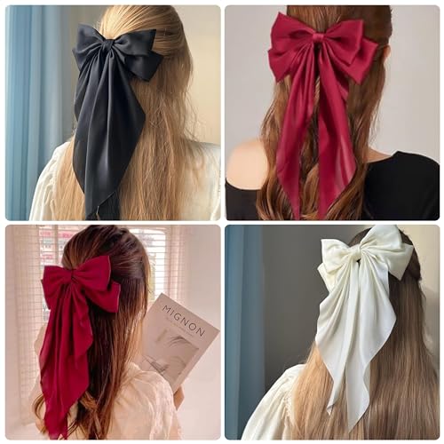 Large Bow Hair Clips with Bowknot Tassels: 3 Pcs Hair Barrettes for Women and Girls (Black, Pink, Beige)