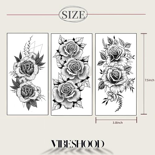Temporary Tattoo 3 Sheets LargeTemporary Tattoo for Men Women Adults Waterproof Friction Resistant Low Reflective Lasts 5-7 day Theam Blooming roses