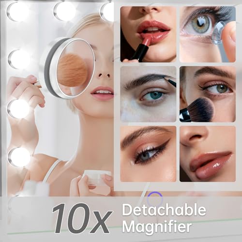 Hollywood Vanity Mirror with Lights 23" x 18" - 15 LED Bulbs, 3 Color Modes, 10x Magnifier
