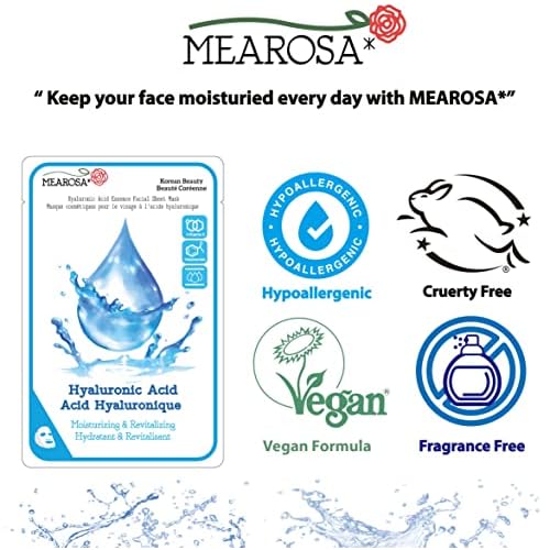 MEAROSA* Dermatologically tested, 8.5% Hyaluronic Acid, Niacinamide, Vitamin E Vegan Formula Essence facial sheet masks Premium Quality Sensitive Skin [6Sheets]