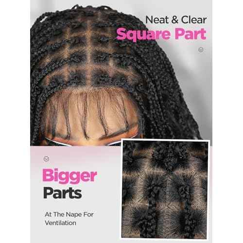 Full Lace Box Braid Wig with Baby Hair Pre Plucked Knotless Square Part Braided Wig for Black Women Full Double Lace Frontal Synthetic Handmade Braids Natural Hairstyle(1b, 32")