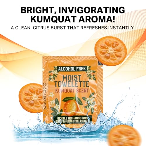 Individually Wrapped Hand Wipes, Alcohol-Free Wet Wipes For Sensitive Skin, Plant-Derived Hand & Face Cleansing, Kumquat Scented, Lunchbox & Travel Packets, 50 Pack - (Made In USA)