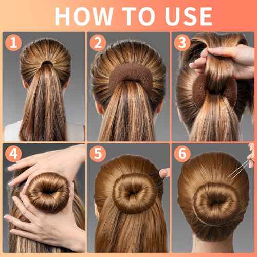 FANDAMEI Hair Donut Bun Maker Kit - 4 Hair Bun Maker, 20 Invisible Hair Nets for Buns, 5 Elastics, 20 Bobby Pins, Bun Nets for Ballet girls,Hair Donuts for Buns - Light Brown