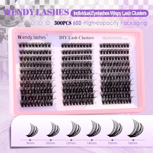 Lash Clusters 60D 300PCS Volume Cluter Eyalshes 9-16mm Wispy Eyelash Clusters Lashes D Curl DIY Lash Exyension Soft Individual Lashes Clusters By WENDY LASHES