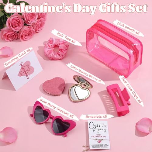 Zeyune 42 Pcs Galentine's Day Gifts Set Valentine's Pink Gift 6 Sets Include PVC Makeup Bags Glasses Mirror Hair Claw Clips Scrunchies Bracelets Greeting Cards for Women Friends Party Favors