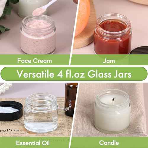 2 oz Clear Glass Jars with Lids 24Pack, Small Jars with Inner Liners for Sample, Powder, Cream, Lotion and Ointments with Stickers & Spatulas Included