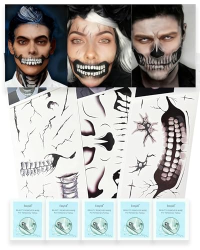 Halloween Skeleton Half Face Temporary Tattoos Kit with Remover