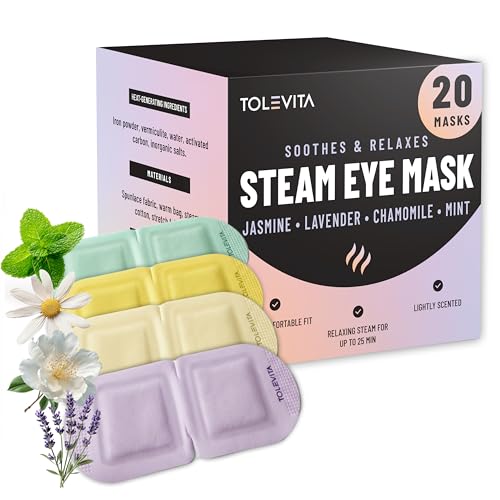 Steam Eye Mask, 20 Pack Self-Heating Disposable Warm Eye Masks for Relaxation & Comfort, Lavender, Mint, Jasmine & Chamomile Aromas, Spa Sleep Mask, Travel Essentials