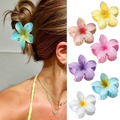 6Pcs Hawaiian Flower Hair Clips, Nonslip Strong Hold For Women,Large Hair Claw Clips for Thick Hair,Plumeria Big Cute Dasiy Hair Clips Beach Hair Accessories
