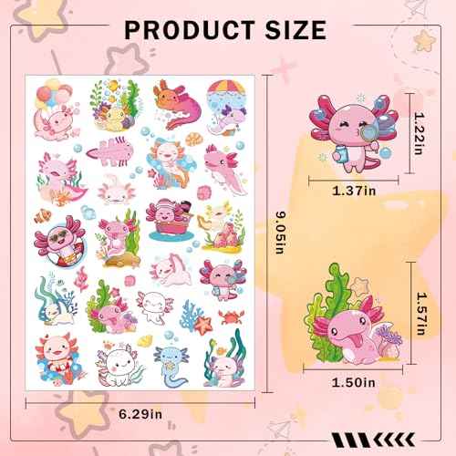 Pink Cute Axolotl Temporary Tattoos - 8 Sheets 200 Pcs Axolotls Birthday Party Decorations Supplies Kawaii Reptile Animals Salamander Tattoo Stickers for Girls Kids School Rewards Gifts