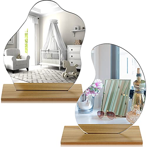 Blulu 2 Pack Acrylic Makeup Mirror Irregular Aesthetic Vanity Mirror with Wooden Stand Desk Frameless Decor Asymmetrical Cloud Wavy for Bedroom Living Room Minimal Spaces Decor