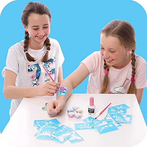 Original Stationery Glitter Tattoo Kit - 33-Piece Multicolor Set, Ages 3-8, 24 Stencils, 6 Color Pots, 2 Brushes & Adhesive - Glitter Tattoos for Kids & Sleepover Party Supplies