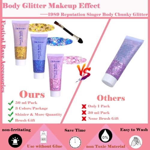 Body Glitter Face Glitter Gel: Singer Concerts Disco Festival Rave Accessories Face Glitter Makeup 150ml Chunky Sequins Mermaid Face Body Hair Glitter Gel (Red&White&Pink)