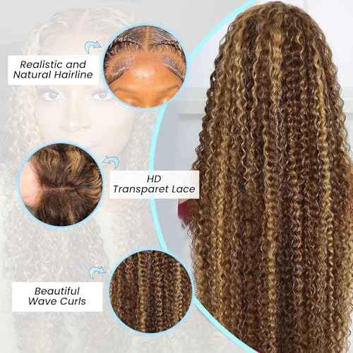 30Inch Highlight Ombre Lace Front Wig Human Hair 13x6 HD Honey Blonde 4/27 Deep Wave Lace Frontal Wigs Glueless Wigs Human Hair Pre Plucked