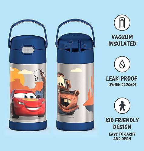 THERMOS FUNTAINER Water Bottle with Straw - 12 Ounce, Cars - Kids Stainless Steel Vacuum Insulated Water Bottle with Lid