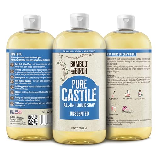 BAMBOO AND BIRCH Pure Castile Soap Liquid, Certified Palm Oil Free Natural Soap, Unscented, 32 oz