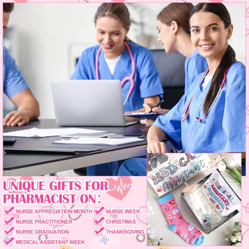 Mimorou 6 Pcs Medical Assistant Gift Set for Women Canvas Tote Bag Cosmetic Bag 16oz Glass Cup Pink Glitter Badge Reel Novelty Socks Unique Appreciation Gifts for Medical Assistants Nurse Week