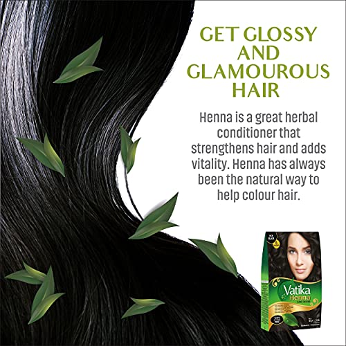 Dabur Vatika Henna Hair Color - Henna Hair Dye, Henna Hair Color and Conditioner, Zero Ammonia Henna for Strong and Shiny Hair, 100% Grey Coverage, 6 Sachets X 10g (Rich Black)