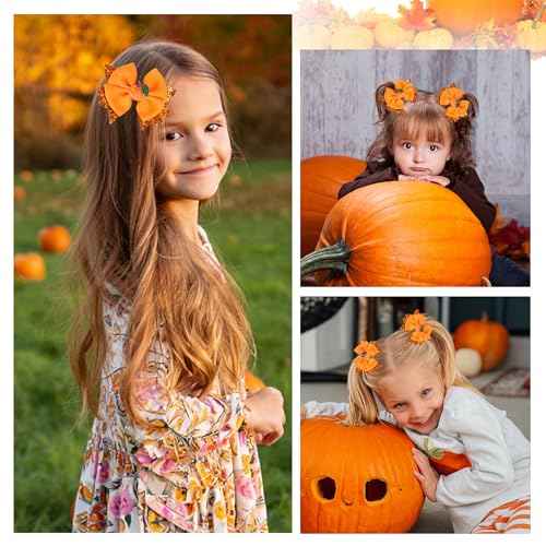 Thanksgiving Pumpkin Hair Bows for Girls, Orange Fall Hair Clips Handmade Grosgrain Hair Bow Metal Alligator Clips Hair Accessory for Thanksgiving Fall Holiday Halloween Festive