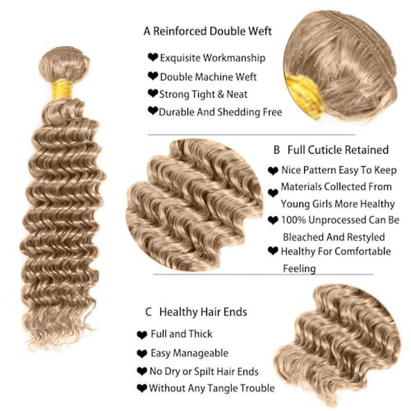 Ash Blonde Deep Wave Human Hair Bundles - 24, 26, 28 Inch