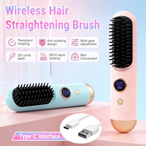Cordless Hair Straightener Brush for Short Hair, Ceramic 9 Temps