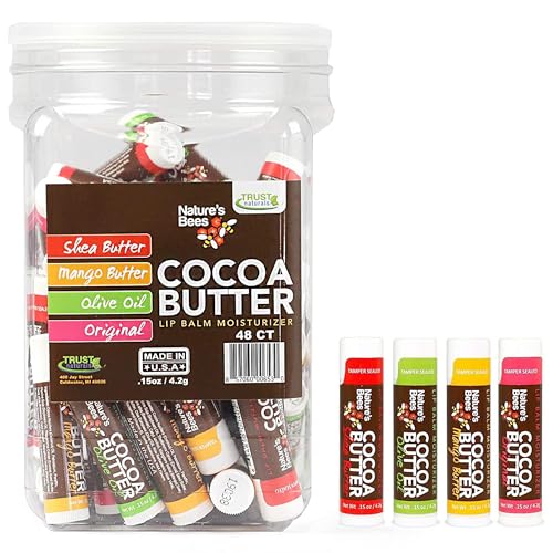 Nature's Bees, Cocoa Butter Flavored Lip Balm Tubes Set Bulk Assortment Chap Treatment Moisturizer For Dry Lips, Original Variety Assortment (Shea Butter, Original, Olive Oil, Mango Butter) - 48 Pack