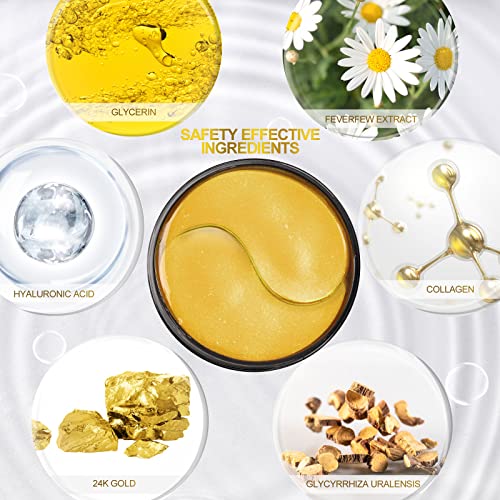 24k Gold Under Eye Patches - 60 Pcs Collagen Hyaluronic Acid Mask