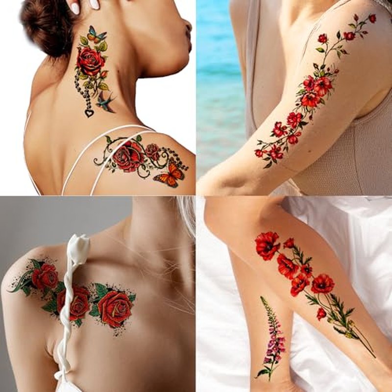 3D Flower Temporary Tattoos for Women Girls -24 Sheets Colourful Flower Roses Realistic Butterfly Tattoo Stickers Watercolor Waterproof Tattoo for Arm Collarbone Leg Backbone Body Art