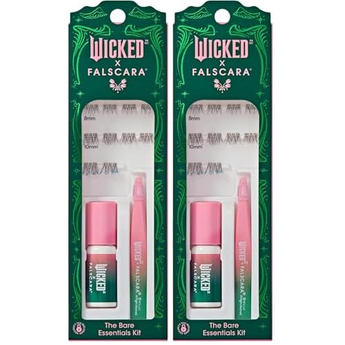 WICKED X FALSCARA False Eyelashes, Lash Extension Kit, ¡®Shimmering Shine¡¯, 10 Lash Clusters, 8mm-10mm, Natural Volume, Blue Glitter, Mini Bond, Green & Pink Mini Applicator (Pack of 2)
