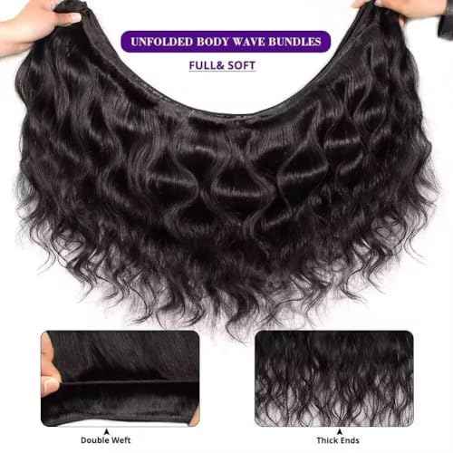 12A Human Hair Bundles 20 22 24 26 Inch Body Wave Bundles Human Hair 100% Unprocessed Brazilian Virgin Weave 4 Bundle for Women Natural Black Wavy Human Hair Extensions
