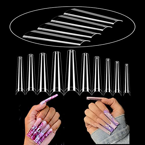 XXL No C Curve Coffin Nail Tips for Acrylic Nails -600 Pcs None C Curve 2Xl Extra Long Nail Tips WOWITIS Half Cover Coffin False Nails Tips Clear Fake Nail Tips with Box for Nail Salon 10 Sizes