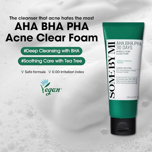SOME BY MI AHA BHA PHA 30 Days Miracle Acne Clear Foam ? 3.38oz, 100ml ? Korean Acne Face Wash for Smooth & Clear Skin ? Salicylic Acid Cleanser for Exfoliation & Sebum Control ? Korean Skin Care