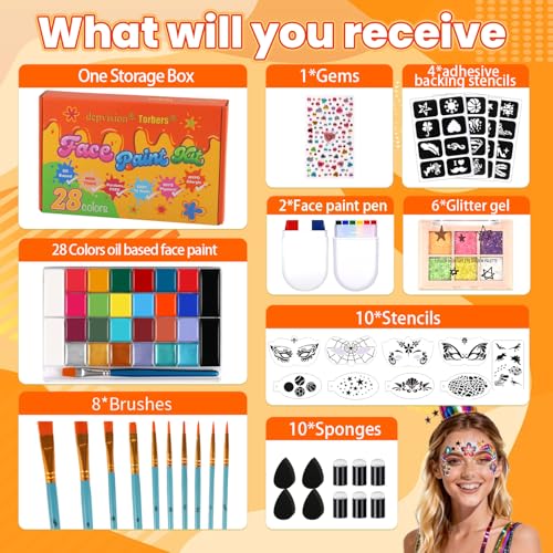 28-Color Face Paint Kit with Brushes, Stencils & Sponges