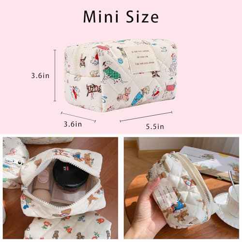 uekeboag Cute Small Quilted Cotton Makeup Pouch for Women and girls,Coquette Quilted Toiletry Bag,Animal Coquette Mini Bag, Kawaii Travel Cosmetic Bags(05Puppy)