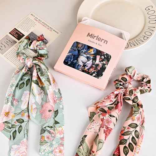 4-Piece Satin Hair Scarf Scrunchies for Women Girls, No Damage Cute Hair Ties with Bow Ribbons Ponytail Holders Elastic Rubber Bands (Lily)
