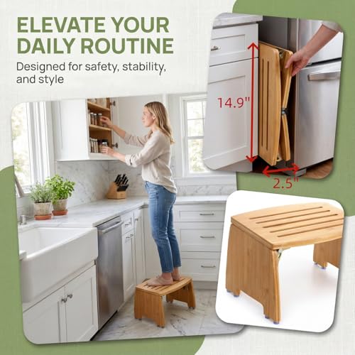 Bamboo Folding Step Stool - Non-Slip, 300lbs Capacity