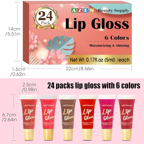 AZEN A-24P Lip Gloss Set 24pcs Vitamin E Coconut Oil Hydrating Lip Oil