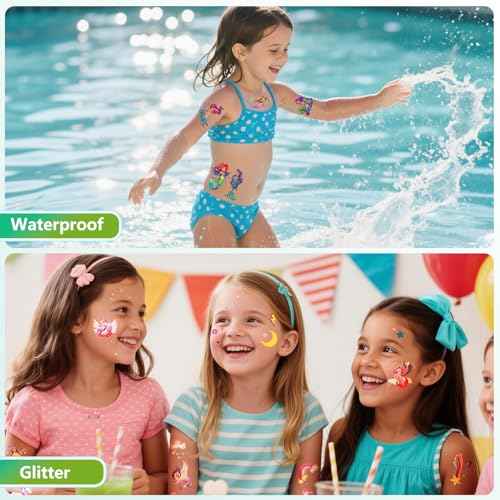 150+ Kids Glitter Temporary Tattoos for Girls ? Individually Wrapped, Waterproof Tattoo Stickers ? Mermaid, Unicorn, Fairy, Butterfly & More