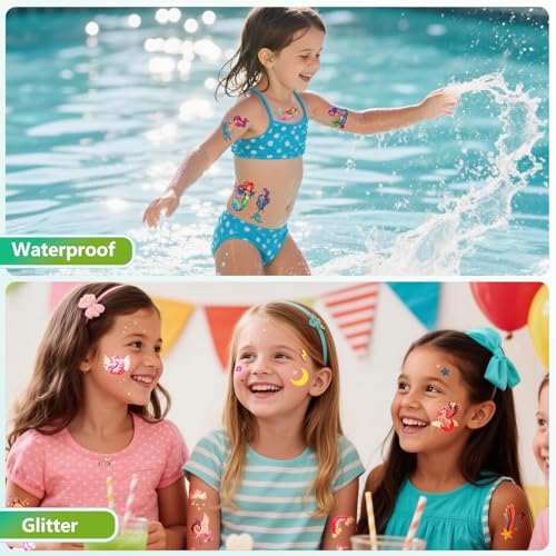 150+ Glitter Temporary Tattoos for Kids - Mermaid Unicorn Party Favors for Girls - Individually Wrapped & Waterproof Birthday Supplies