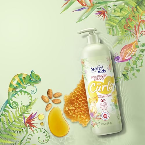 Suave Kids Natural Sweet Almond Honey Curly Hair Shampoo, Tear Free, No Sulfates, No Parabens, No Silicones, No Dyes, 16.5 Oz Pack of 4