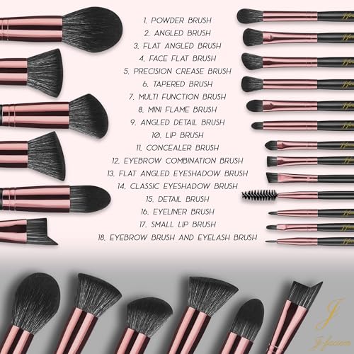 18 Pcs Premium Synthetic Foundation Powder Brush Set - Black Case - Nylon Bristles - Aluminum Ferrule & Handle - For Foundation, Powder, Concealing, Blush, Eyeshadow, Contouring